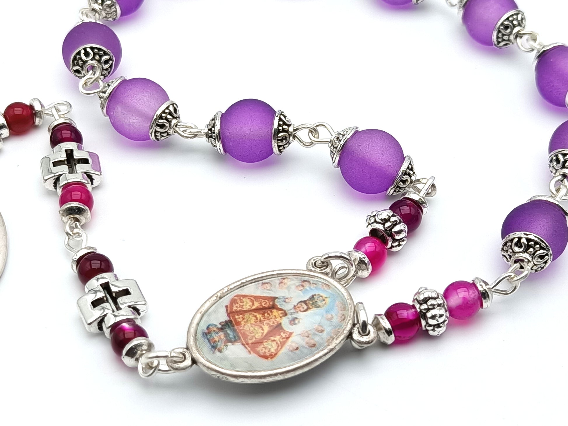 Infant of Prague unique rosary beads prayer chaplet with purple glass and silver beads, picture medal and Our Lady of Good Council medal.