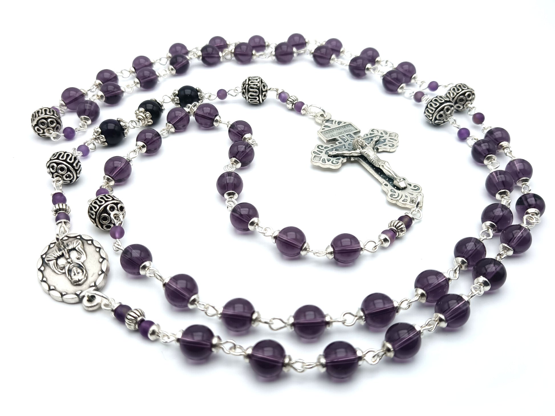 Rosa Mystica unique rosary beads circular rosary with amethyst and silver beads, Rosa Mystica centre medal and pardon crucifix.