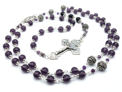 Rosa Mystica unique rosary beads circular rosary with amethyst and silver beads, Rosa Mystica centre medal and pardon crucifix.