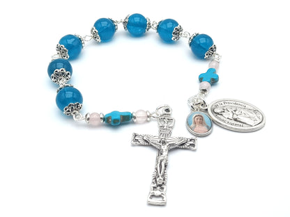 Our Lady of Divine Providence unique rosary bead chaplet with blue glass and turquoise gemstone beads, silver Holy Spirit crucifix and Our Lady medals.