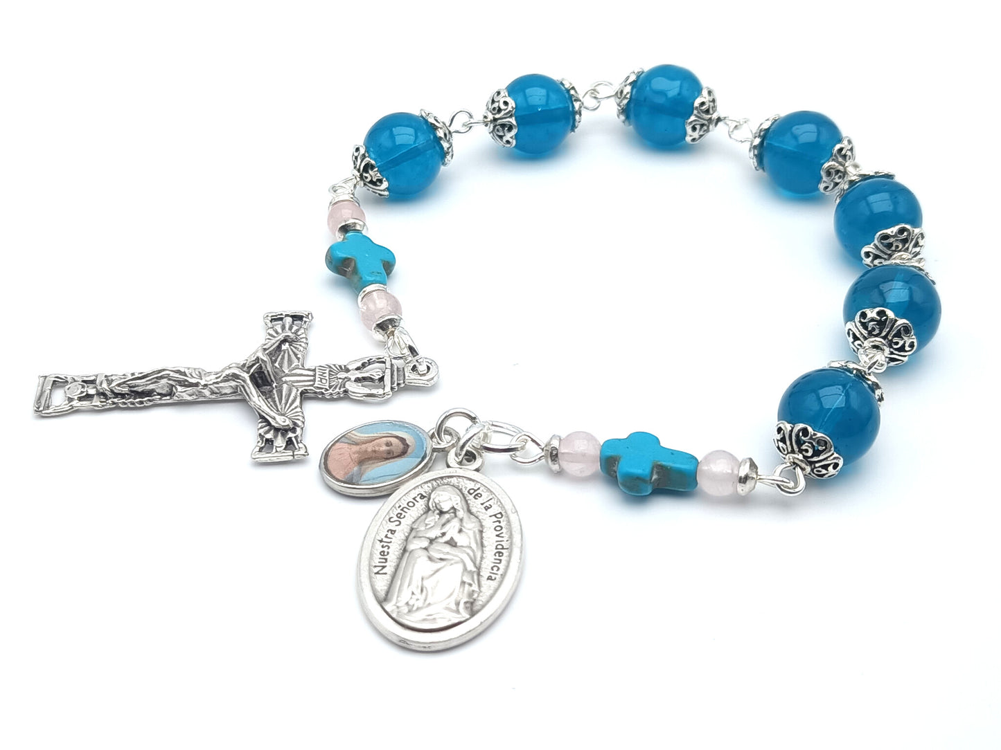 Our Lady of Divine Providence unique rosary bead chaplet with blue glass and turquoise gemstone beads, silver Holy Spirit crucifix and Our Lady medals.