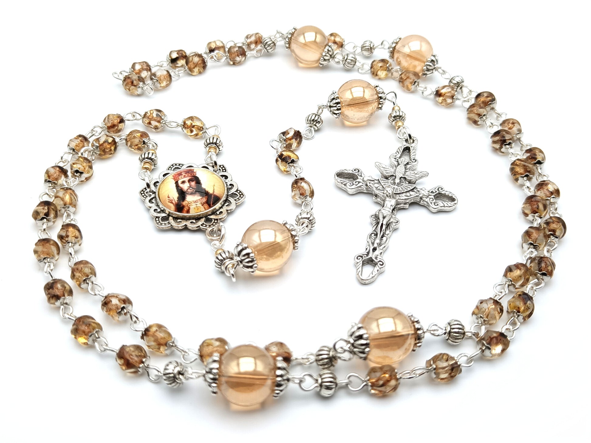 Christ the King unique rosary beads with nugget amber glass beads, silver Holy Spirit crucifix and picture centre medal.