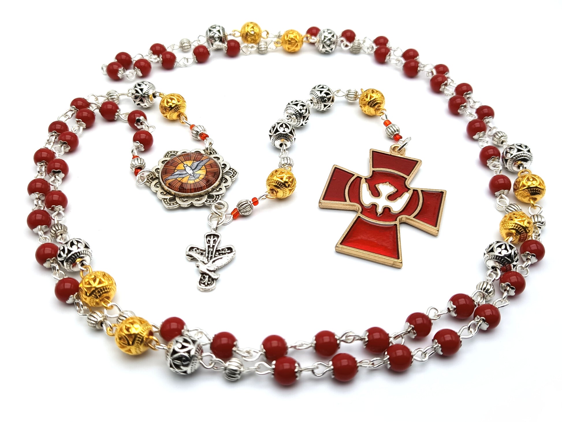 Holy Spirit unique rosary beads prayer chaplet with red porcelain, gold and silver beads, red enamel Holy Spirit crucifix and silver picture medal.