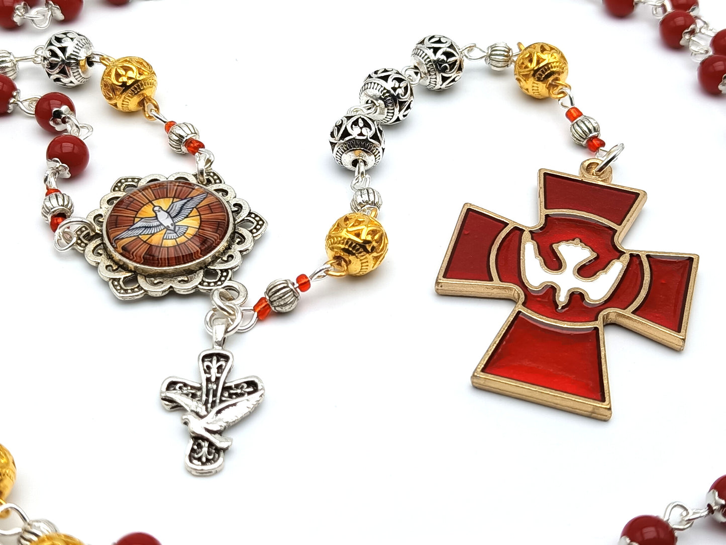 Holy Spirit unique rosary beads prayer chaplet with red porcelain, gold and silver beads, red enamel Holy Spirit crucifix and silver picture medal.