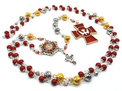 Holy Spirit unique rosary beads prayer chaplet with red porcelain, gold and silver beads, red enamel Holy Spirit crucifix and silver picture medal.