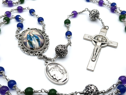 Unbreakable Immaculate Conception unique rosary beads with agate gemstone beads, filigree silver pater beads, Saint Benedict crucifix and picture centre medal.