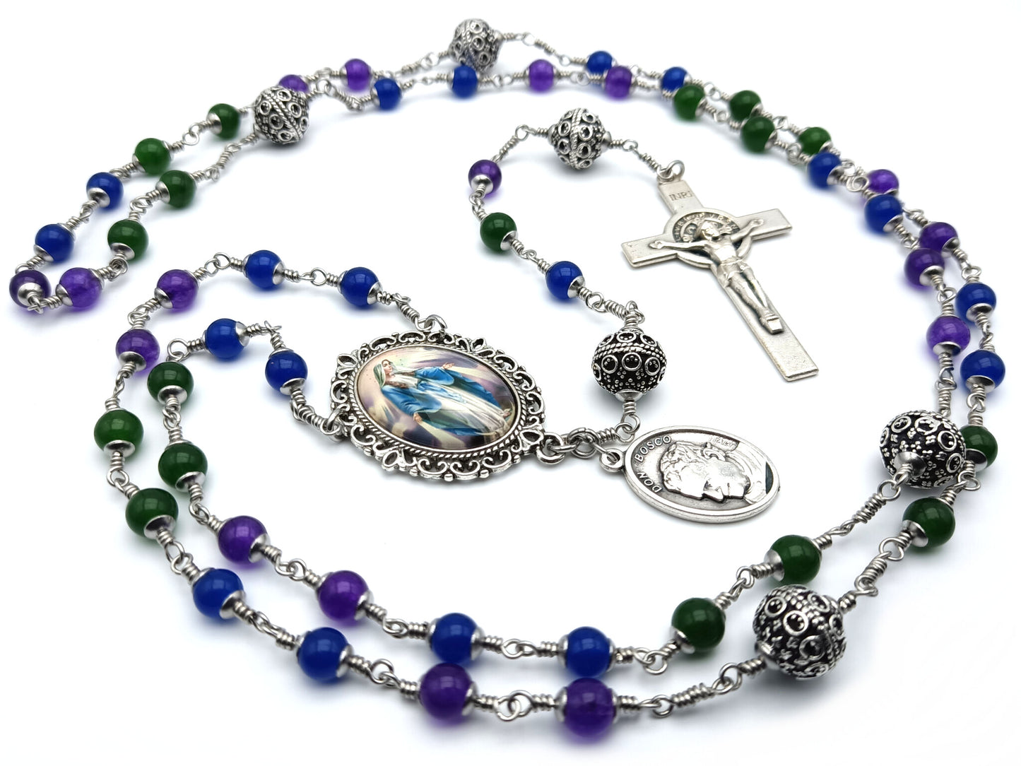Unbreakable Immaculate Conception unique rosary beads with agate gemstone beads, filigree silver pater beads, Saint Benedict crucifix and picture centre medal.