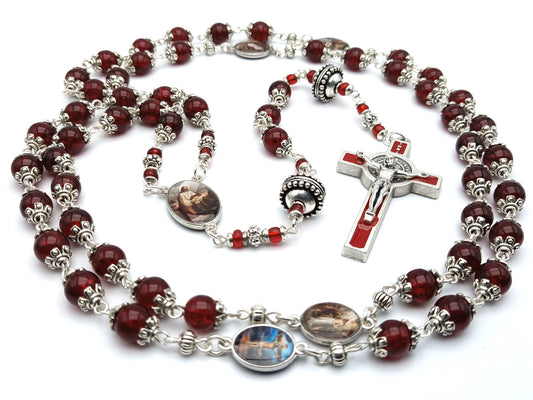 Sorrowful mysteries unique rosary beads with red glass and silver beads, red enamel Saint Benedict crucifix and picture medals.