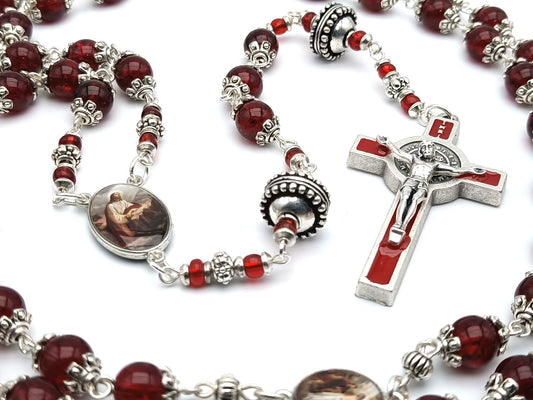 Sorrowful mysteries unique rosary beads with red glass and silver beads, red enamel Saint Benedict crucifix and picture medals.
