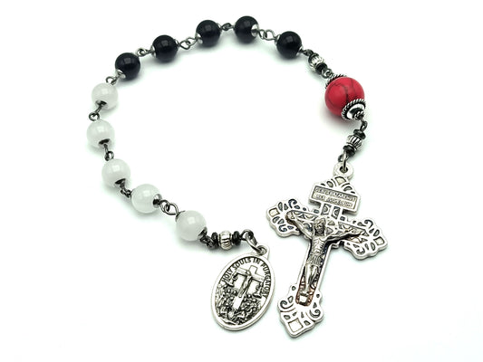 Holy Souls unique rosary beads single decade with red howlite, black onyx and white opal beads and stainless steel bead caps, Pardon crucifix and Holy Souls medal.