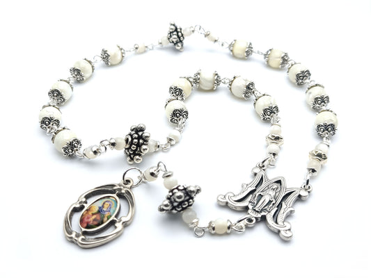 Saint Ann unique rosary beads prayer chaplet, with mother of pearl beads, silver picture medal, bead caps and miraculous medal centre.