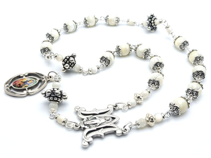 Saint Ann unique rosary beads prayer chaplet, with mother of pearl beads, silver picture medal, bead caps and miraculous medal centre.