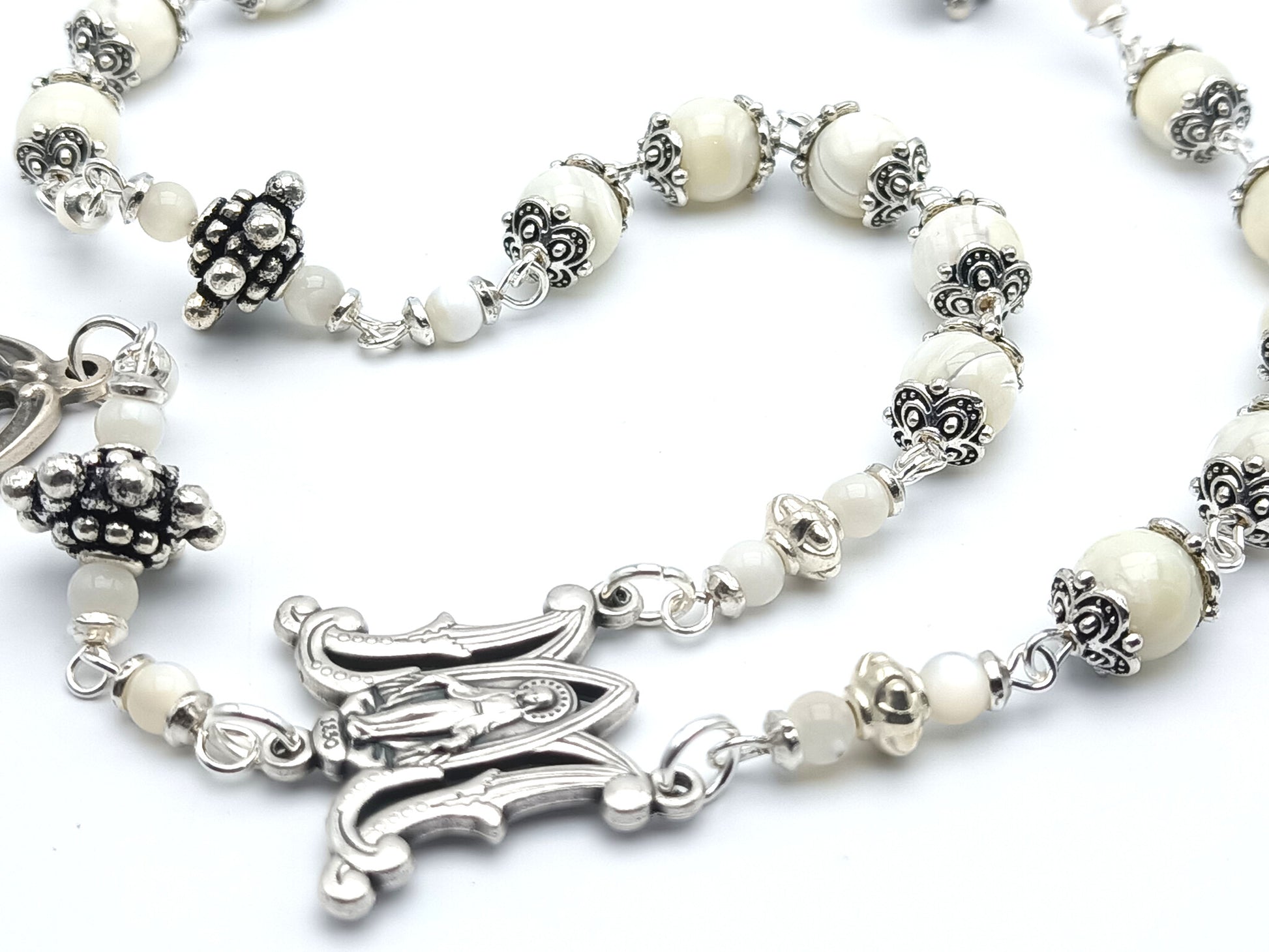 Saint Ann unique rosary beads prayer chaplet, with mother of pearl beads, silver picture medal, bead caps and miraculous medal centre.