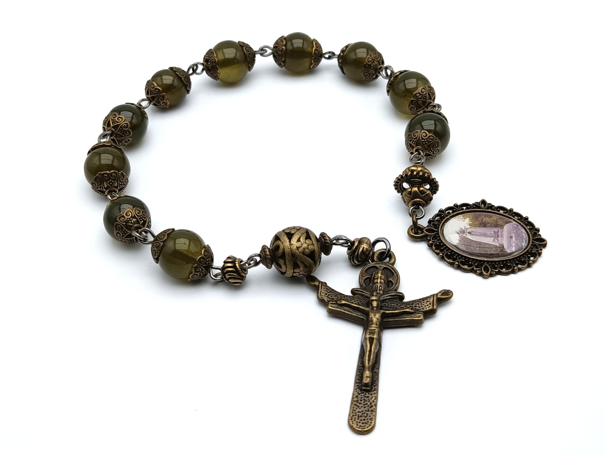 Saint Gobnait unique rosary beads single decade or tenner rosary with green glass beads bronze bead caps, pater bead, Trinity crucifix and picture medal.
