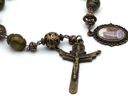 Saint Gobnait unique rosary beads single decade or tenner rosary with green glass beads bronze bead caps, pater bead, Trinity crucifix and picture medal.