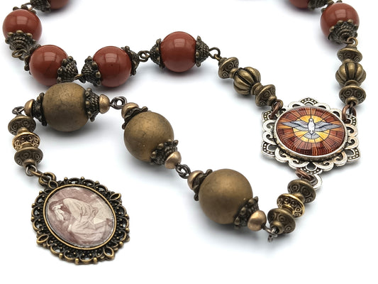 Saint Mary Magdalene unique rosary beads prayer chaplet with red gemstone beads, bronze bead caps, picture end medal and silver Holy Spirit picture centre medal.