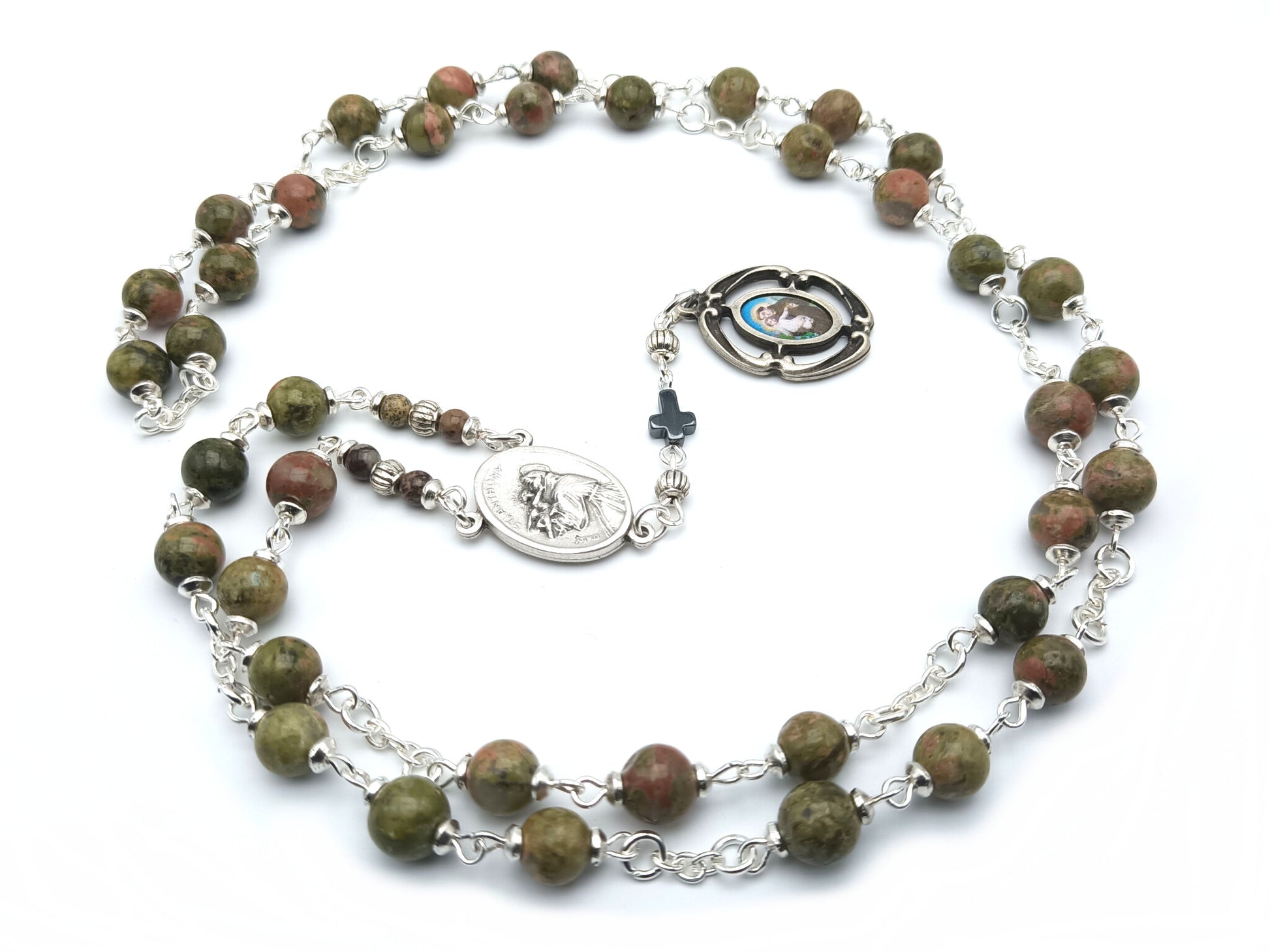 Saint Anthony unique rosary beads prayer chaplet with green jasper gemstone beads, silver end picture medal and centre medal.