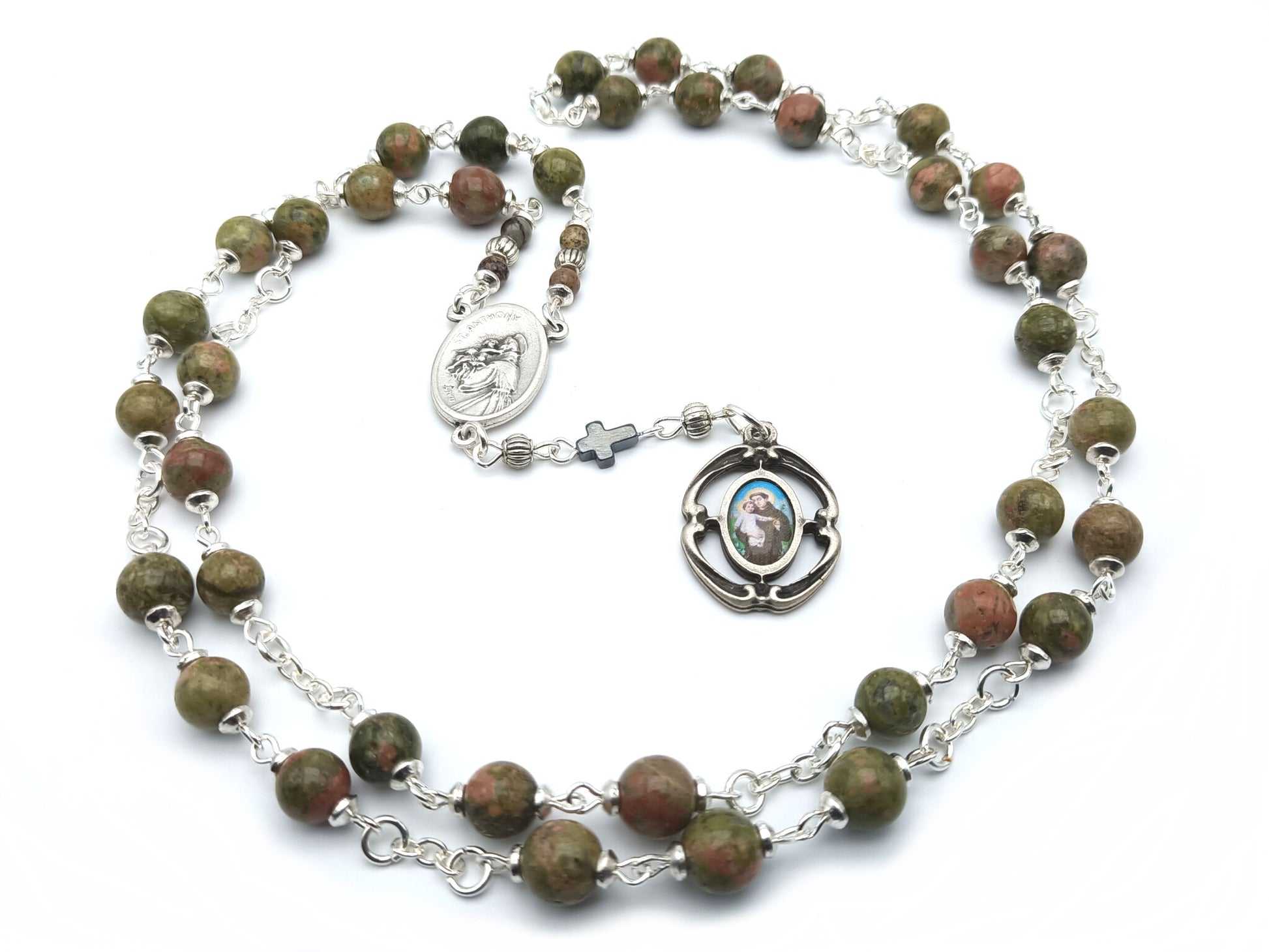 Saint Anthony unique rosary beads prayer chaplet with green jasper gemstone beads, silver end picture medal and centre medal.