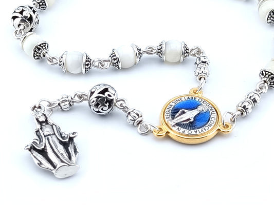 Immaculate Conception unique rosary beads single decade rosary in 925 solid sterling silver with golden Immaculate Conception centre medal and solid silver statue end medal.