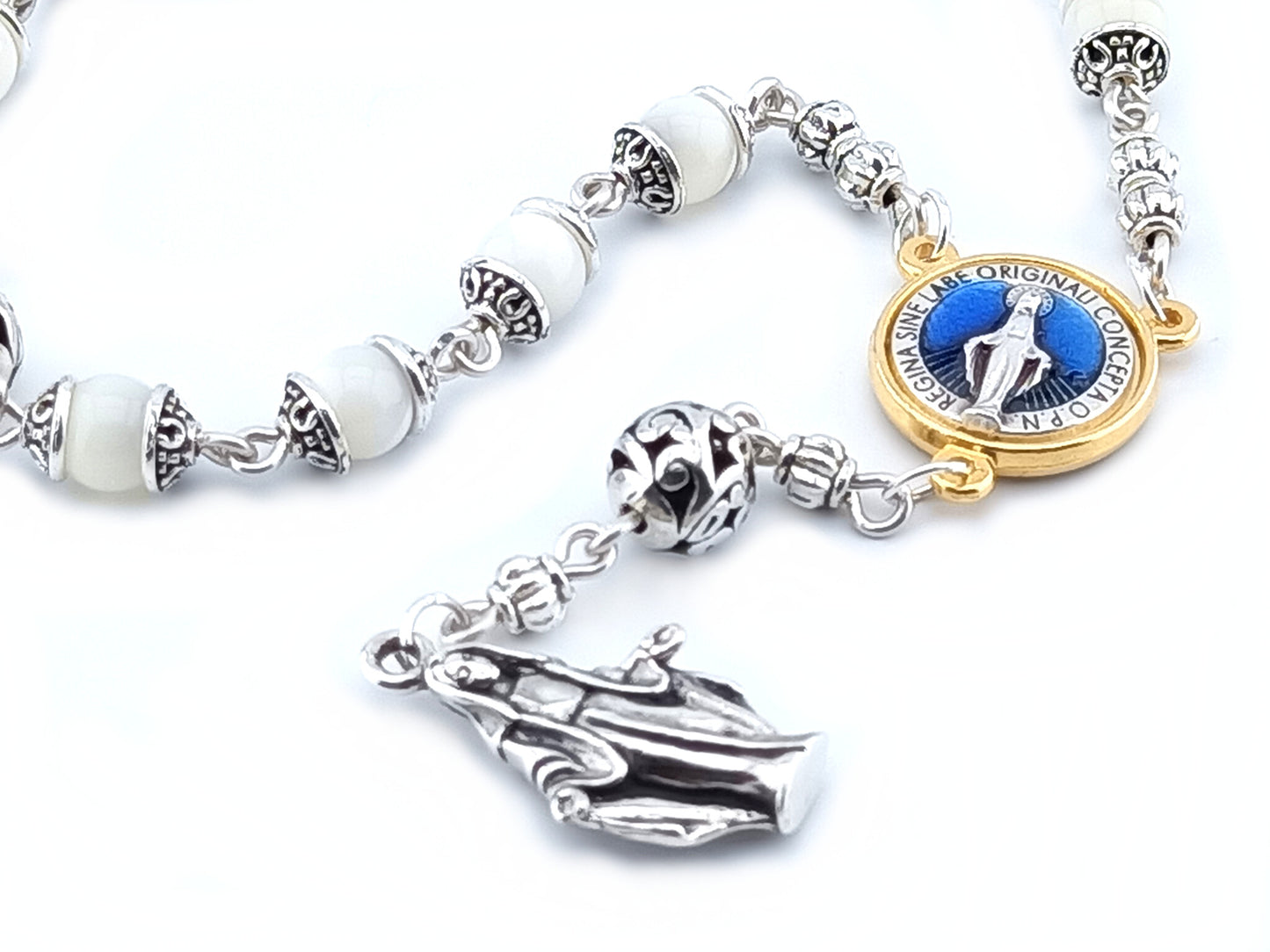 Immaculate Conception unique rosary beads single decade rosary in 925 solid sterling silver with golden Immaculate Conception centre medal and solid silver statue end medal.