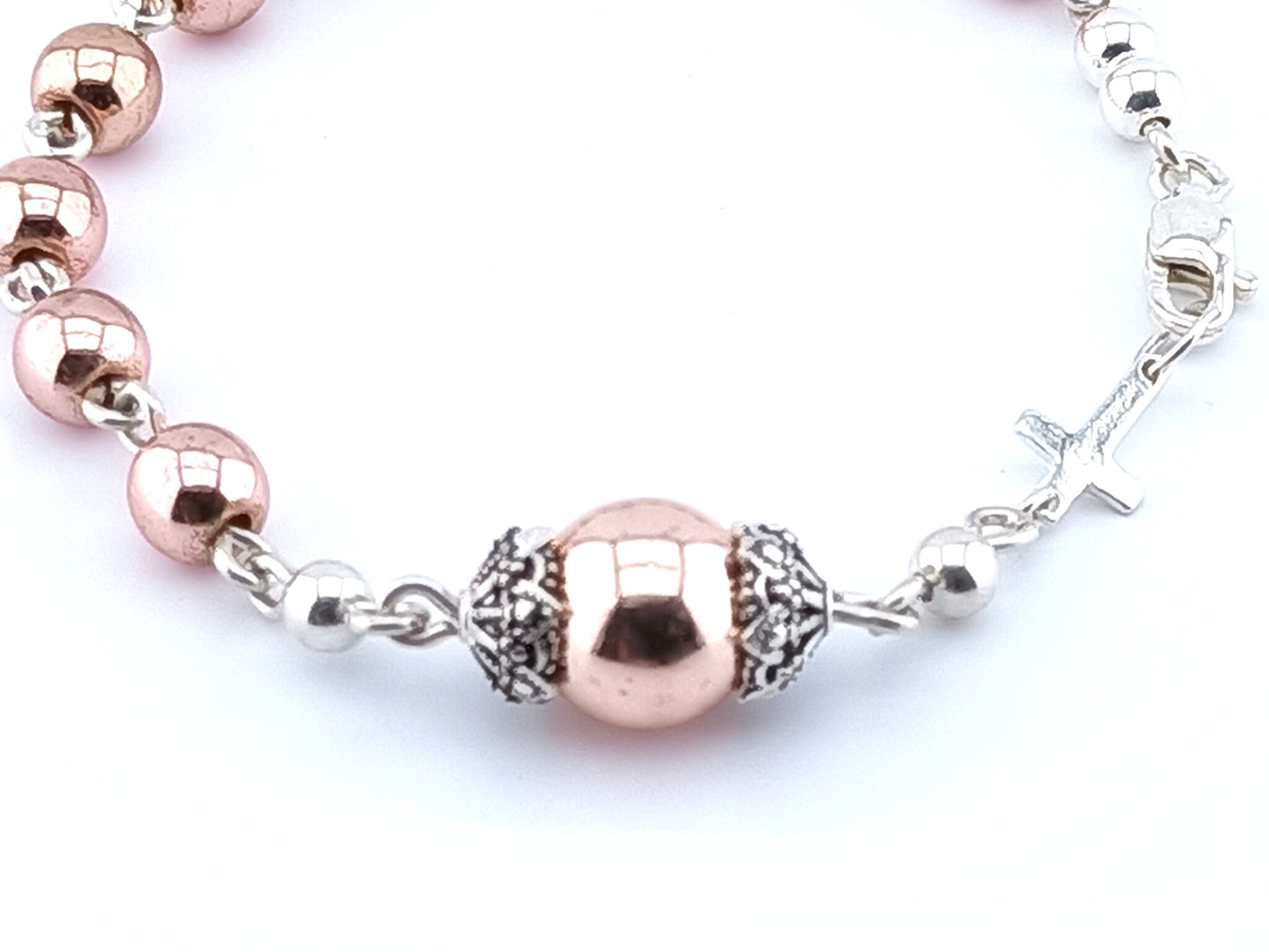 Rose Gold unique rosary beads single decade rosary bracelet in 925 solid sterling silver with rose gold plated beads.
