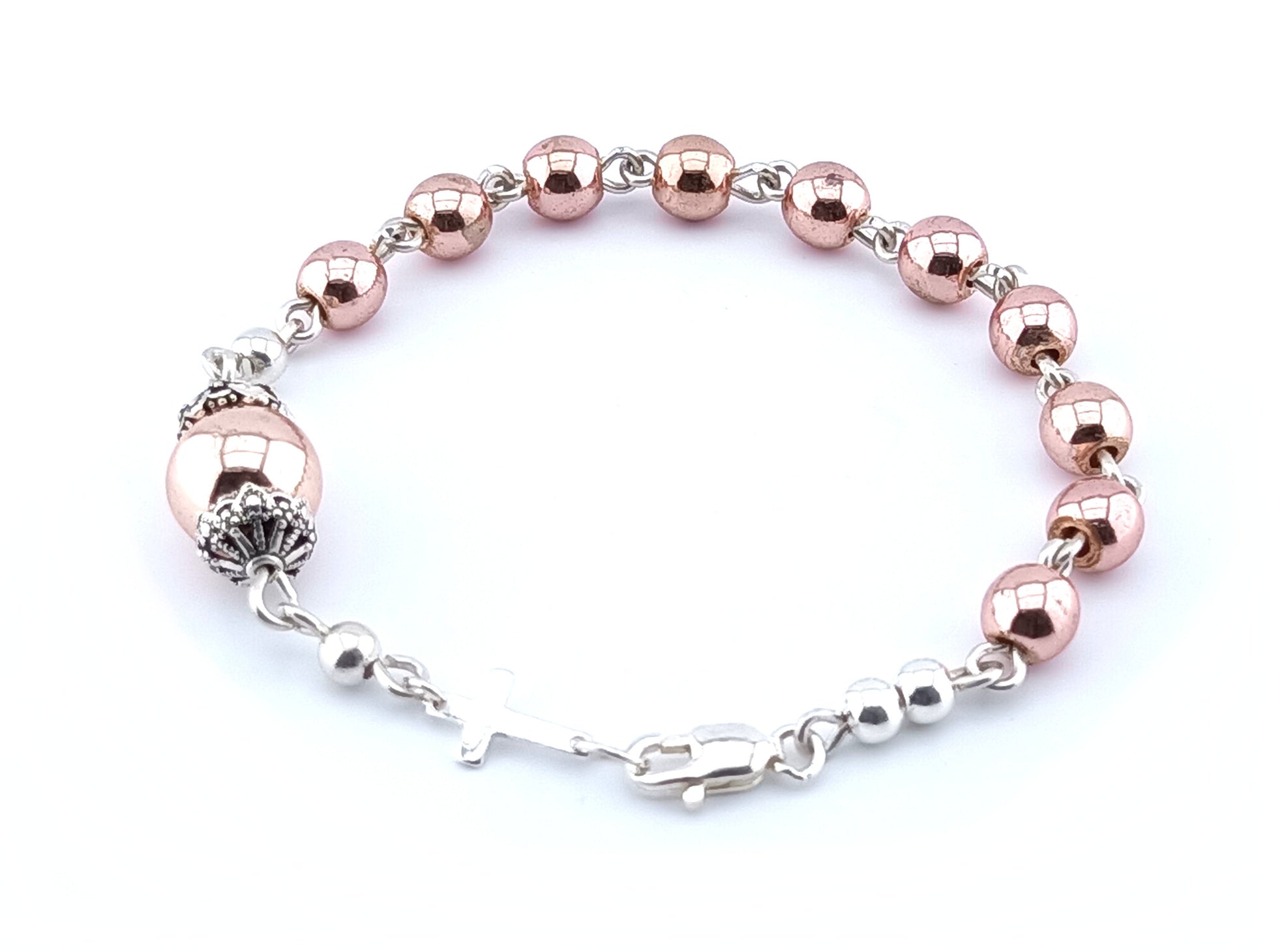 Rose Gold unique rosary beads single decade rosary bracelet in 925 solid sterling silver with rose gold plated beads.