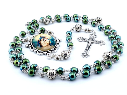 Our Lady of Mount Carmel unique rosary beads with blue green hematite gemstone beads, silver pater beads, crucifix and picture centre medal.