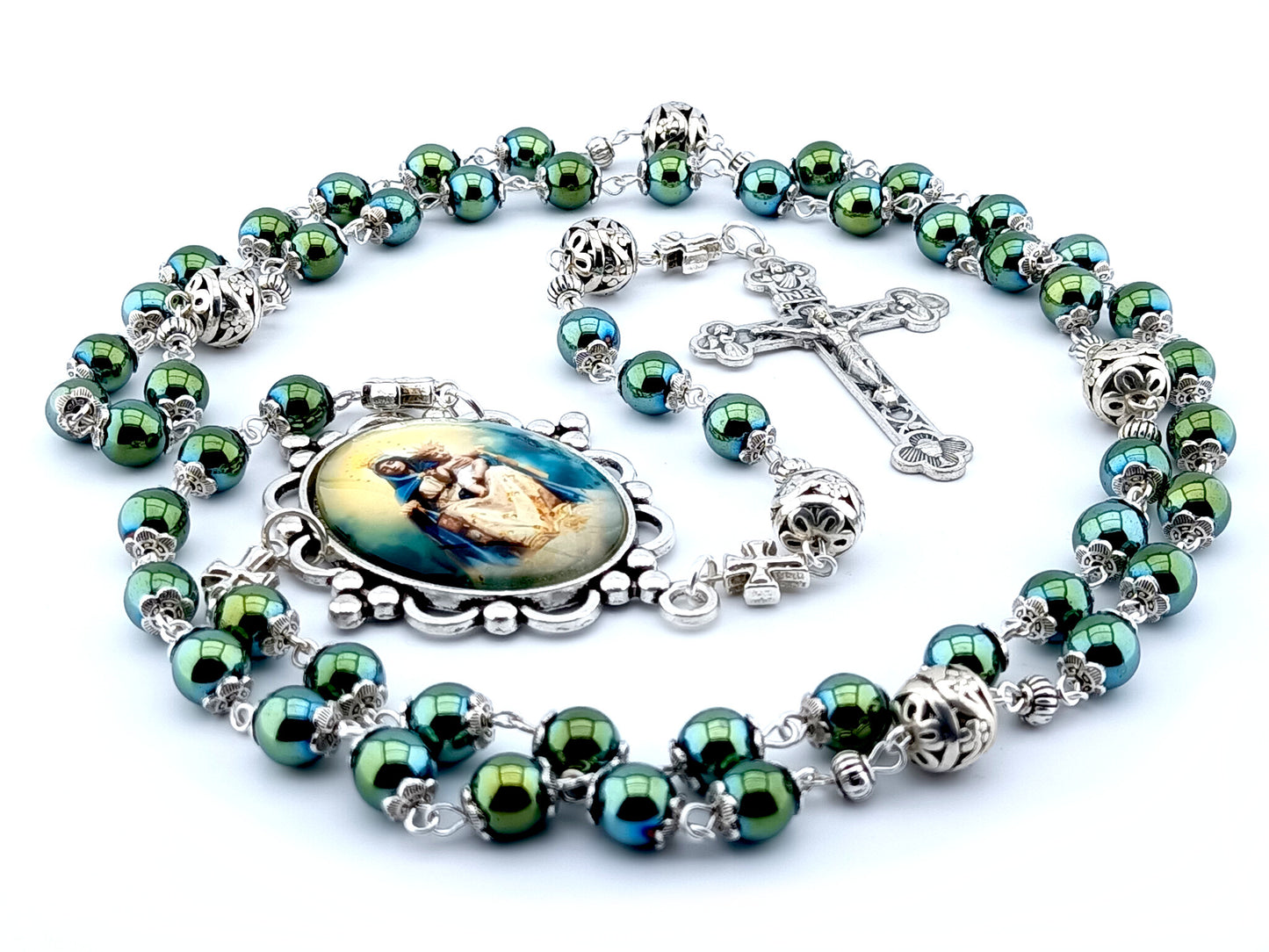 Our Lady of Mount Carmel unique rosary beads with blue green hematite gemstone beads, silver pater beads, crucifix and picture centre medal.