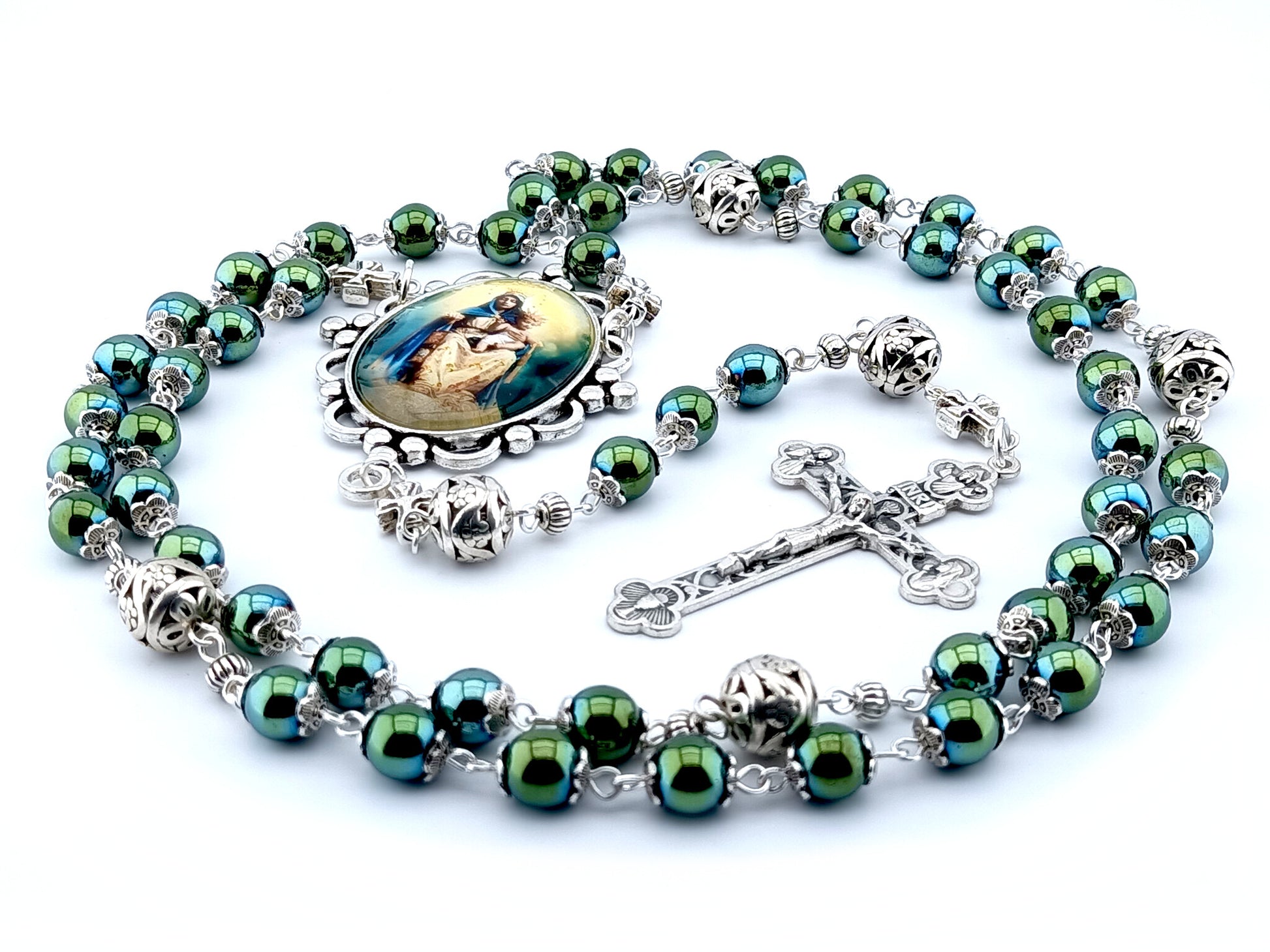 Our Lady of Mount Carmel unique rosary beads with blue green hematite gemstone beads, silver pater beads, crucifix and picture centre medal.