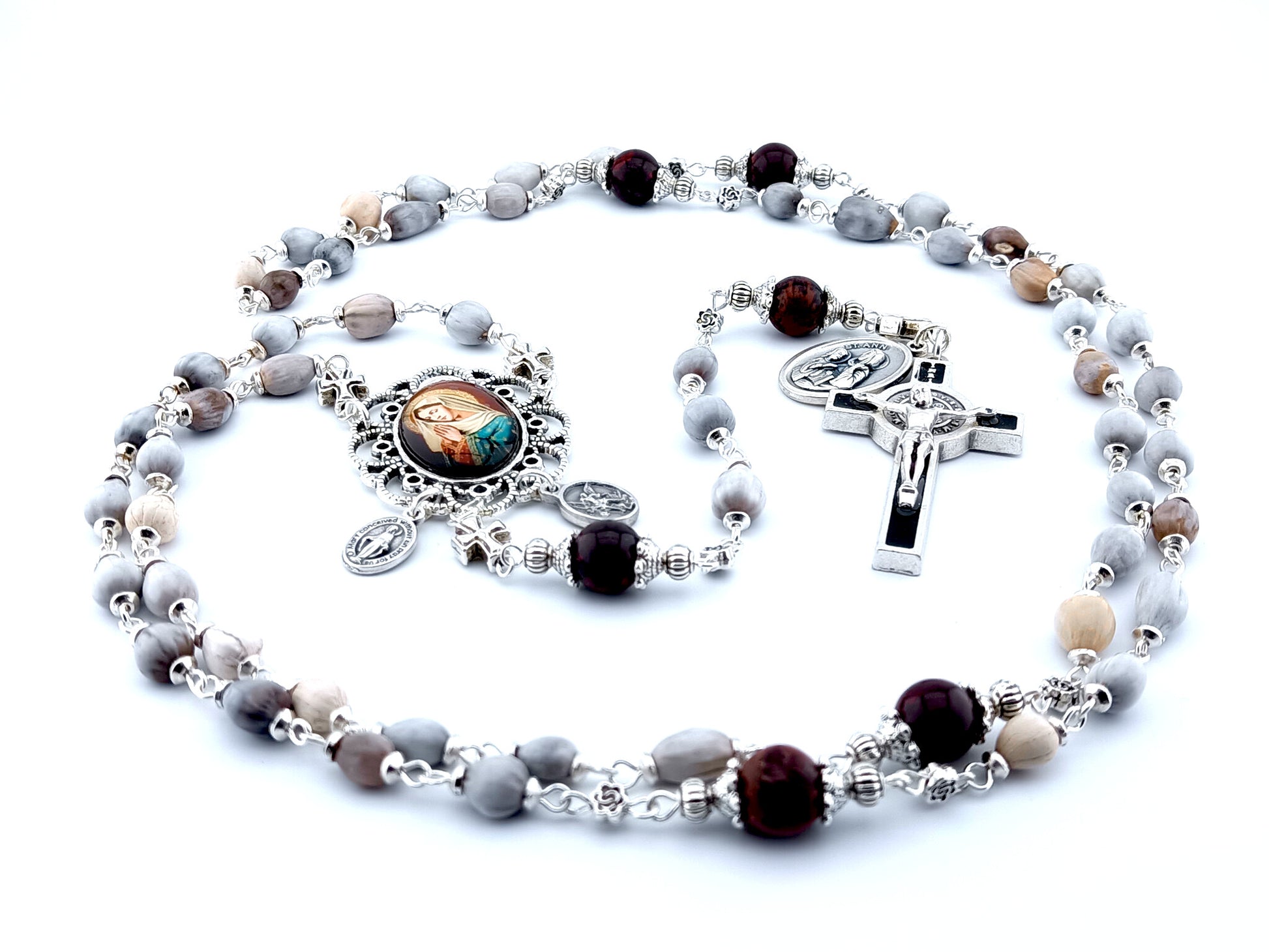 Our Lady of Grace unique rosary beads with Job's Tears and dark red jasper gemstone bead, black enamel Saint Benedict crucifix and picture centre medal.