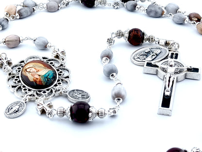 Our Lady of Grace unique rosary beads with Job's Tears and dark red jasper gemstone bead, black enamel Saint Benedict crucifix and picture centre medal.
