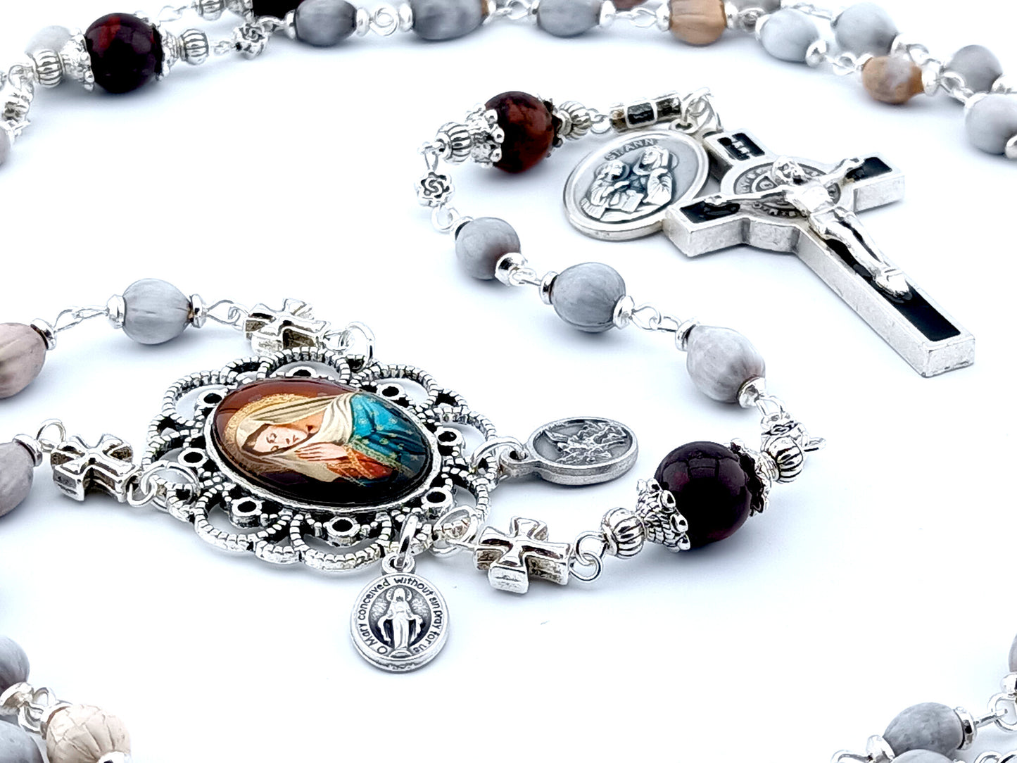 Our Lady of Grace unique rosary beads with Job's Tears and dark red jasper gemstone bead, black enamel Saint Benedict crucifix and picture centre medal.