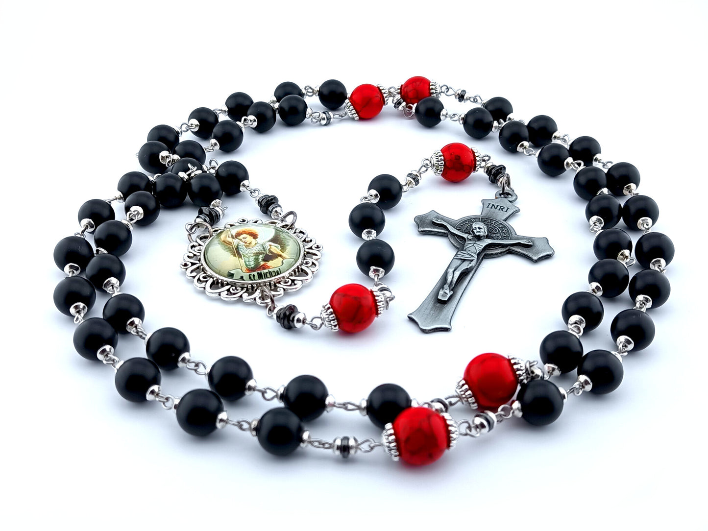 Saint Michael unique rosary beads with black matte onyx and red howlite beads, Saint benedict crucifix and silver picture centre medal.