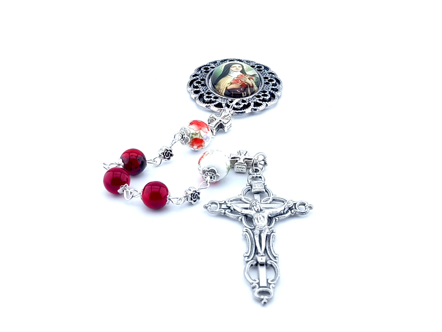 Saint Therese of Lisieux red glass and porcelain rosary beads.