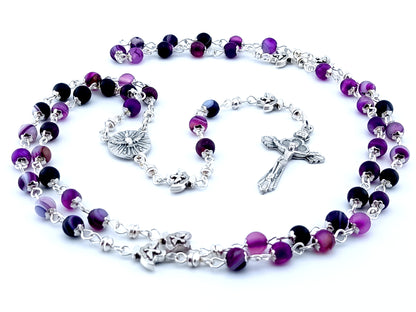 First Holy Communion unique rosary beads with purple agate gemstone beads, silver Holy Spirit pater beads, crucifix and centre medal.