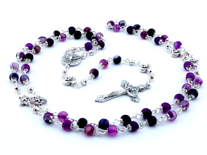 First Holy Communion unique rosary beads with purple agate gemstone beads, silver Holy Spirit pater beads, crucifix and centre medal.