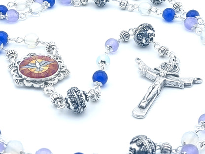 Holy Spirit unique rosary beads with alexandrite, sapphire and opal gemstone beads, silver crucifix, pater beads and picture centre medal.