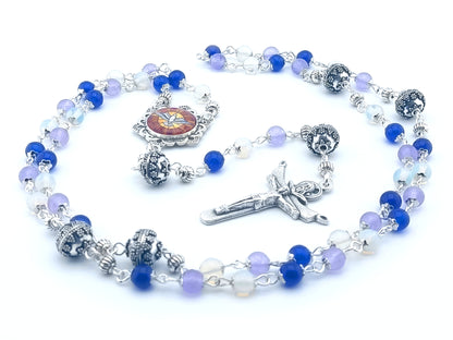 Holy Spirit unique rosary beads with alexandrite, sapphire and opal gemstone beads, silver crucifix, pater beads and picture centre medal.