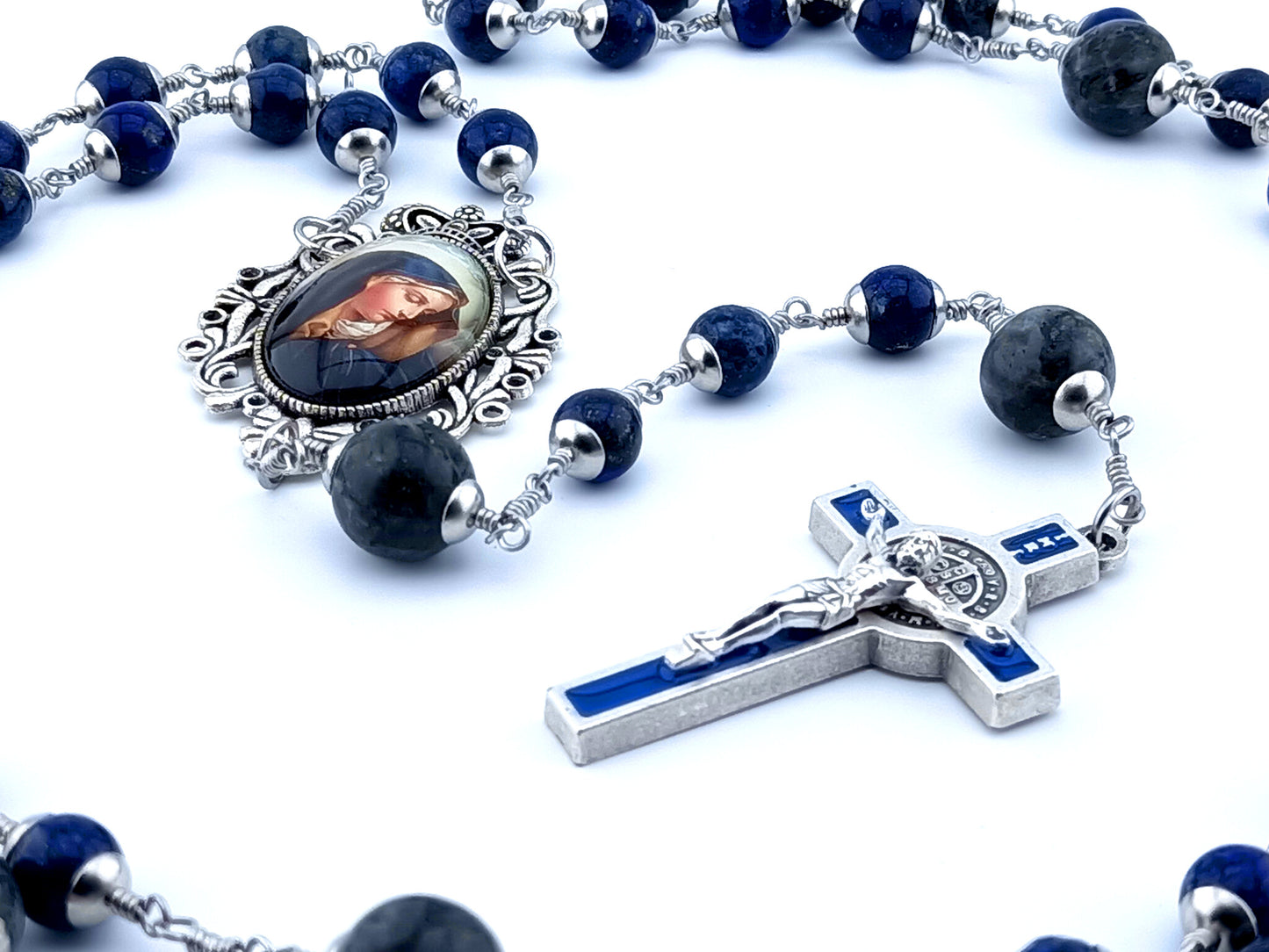 Our Lady of Sorrows unbreakable unique rosary beads with lapis lazuli beads, silver and blue enamel crucifix and picture centre medal.