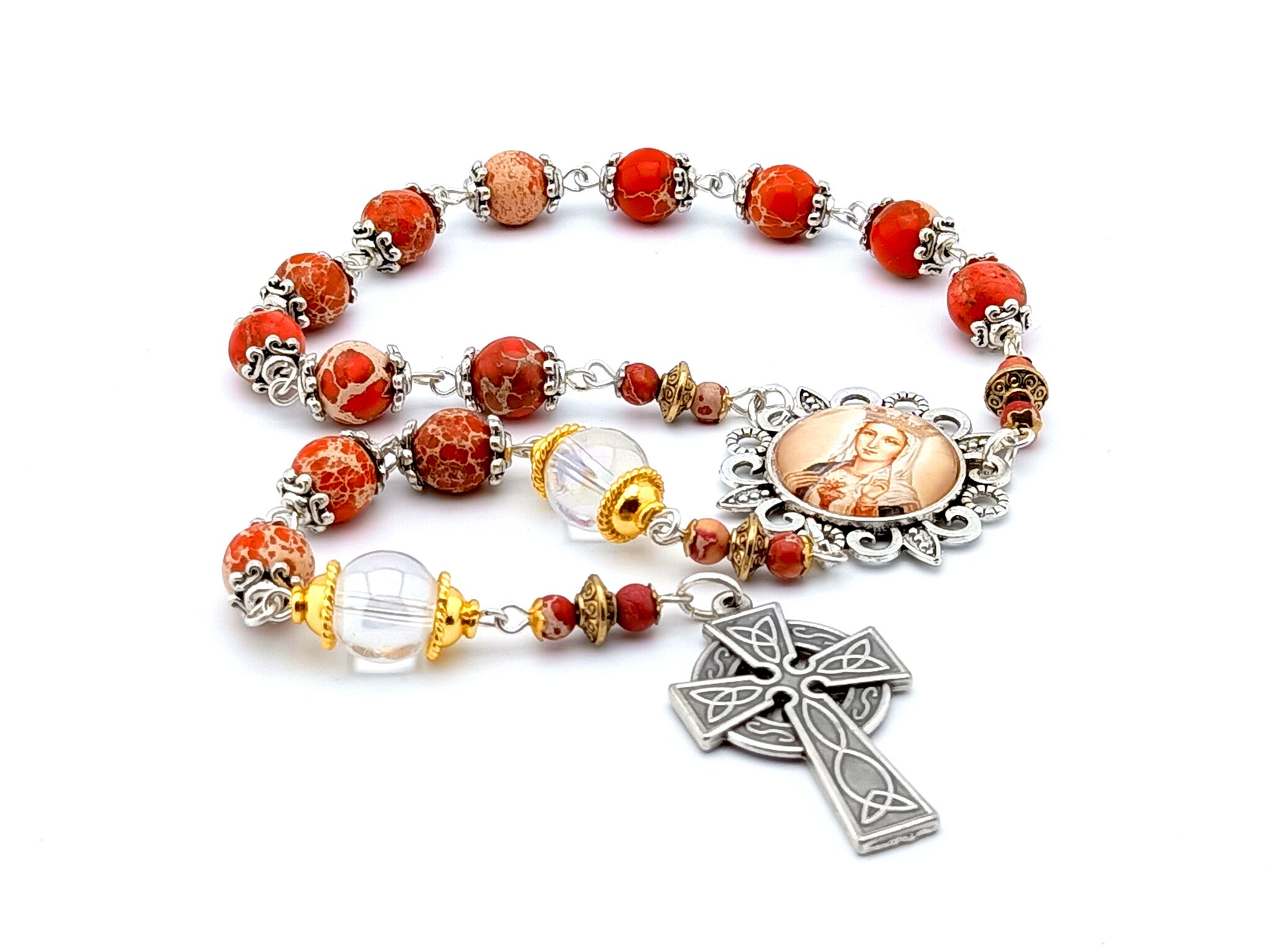 Our Lady of Fatima unique rosary beads single decade rosary with red gemstone beads, silver picture centre medal and Celtic cross.