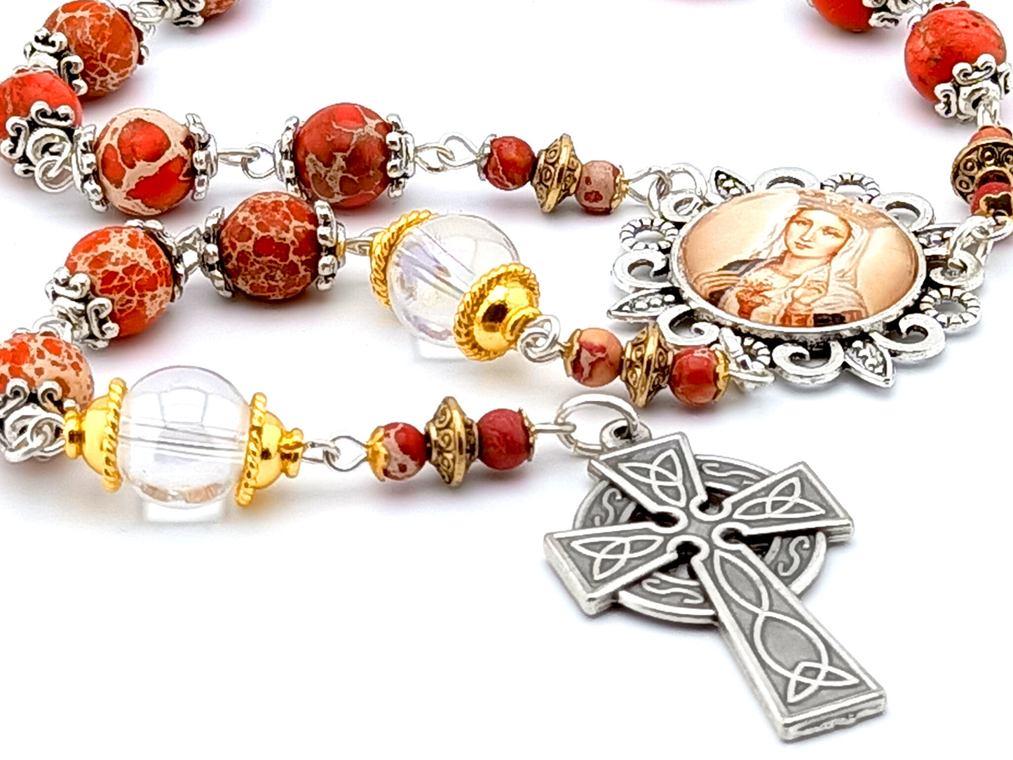 Our Lady of Fatima unique rosary beads single decade rosary with red gemstone beads, silver picture centre medal and Celtic cross.