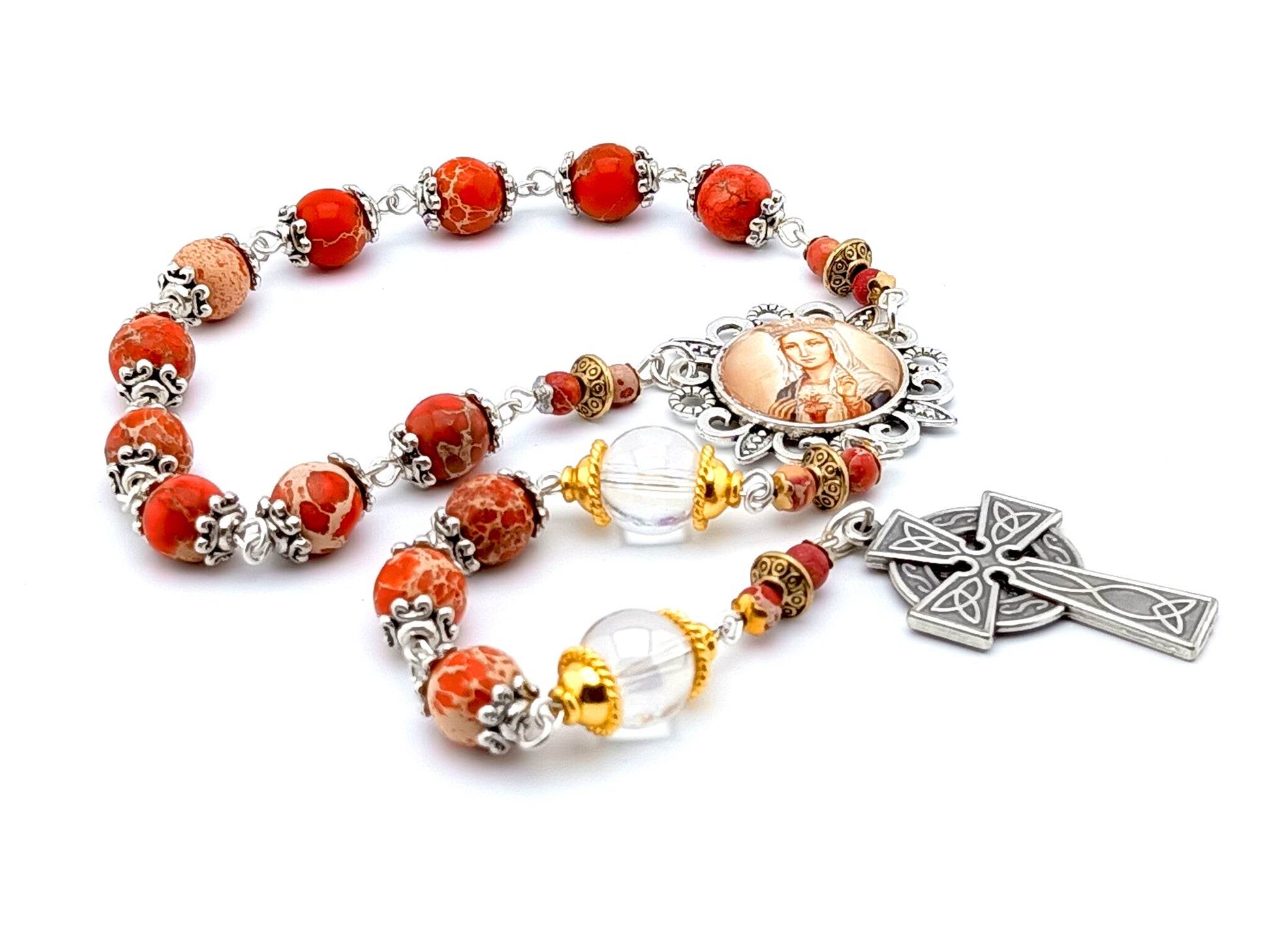 Our Lady of Fatima unique rosary beads single decade rosary with red gemstone beads, silver picture centre medal and Celtic cross.