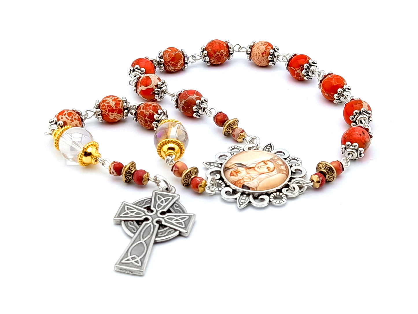 Our Lady of Fatima unique rosary beads single decade rosary with red gemstone beads, silver picture centre medal and Celtic cross.