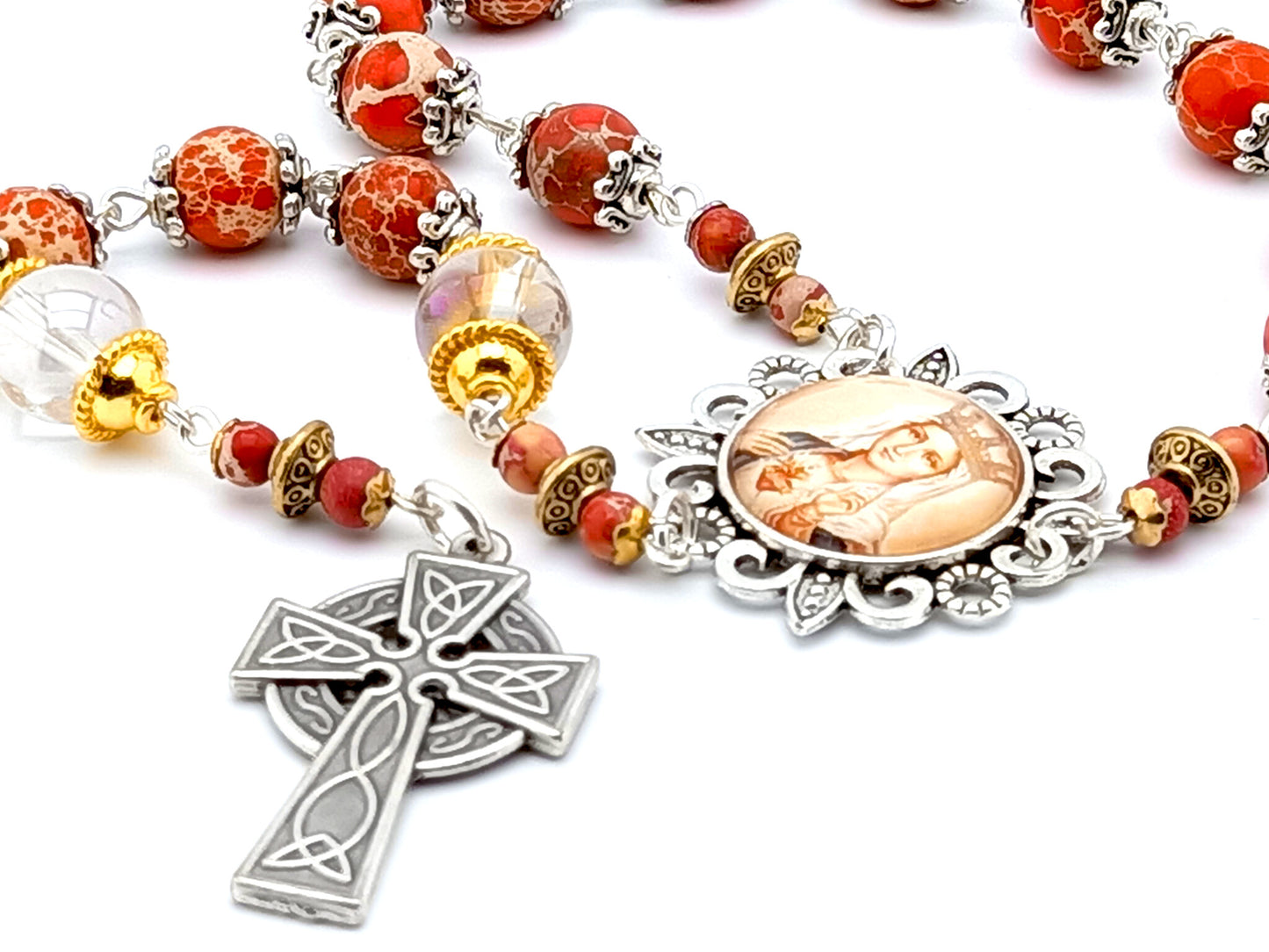 Our Lady of Fatima unique rosary beads single decade rosary with red gemstone beads, silver picture centre medal and Celtic cross.