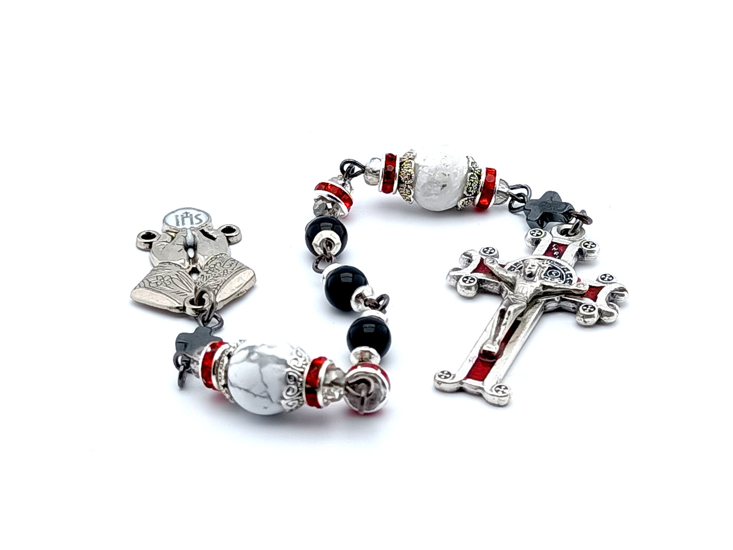 Holy Eucharist Priests onyx rosary with red enamel Saint Benedict crucifix.
