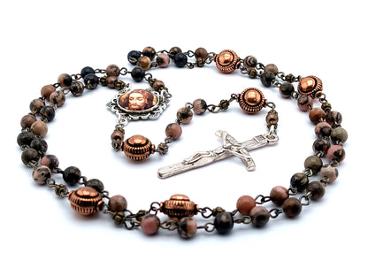 The Holy Face of Jesus unique rosary beads with rhodochrosite gemstone beads, copper pater beads, silver crucifix and picture centre medal.
