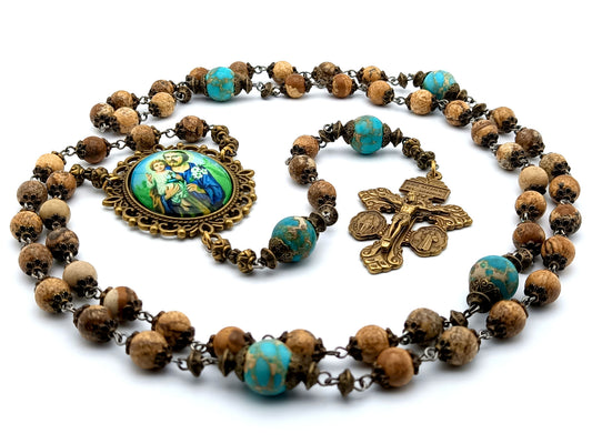 Saint Joseph unique rosary beads with jasper gemstone beads, bronze pardon crucifix, bead caps and large picture centre medal.
