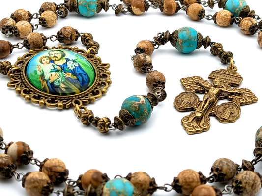 Saint Joseph unique rosary beads with jasper gemstone beads, bronze pardon crucifix, bead caps and large picture centre medal.