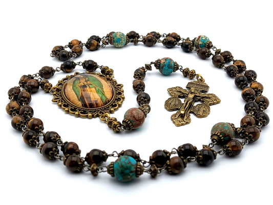Our Lady of Guadalupe unique rosary beads with tigers eye gemstone beads, bronze pardon crucifix and large picture centre medal.
