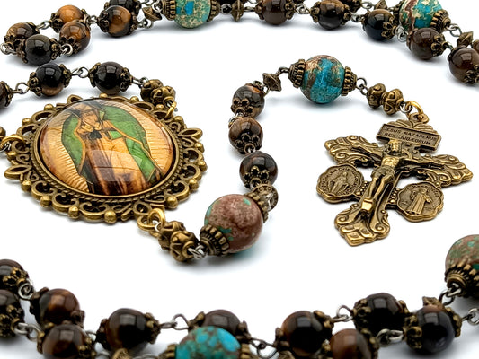Our Lady of Guadalupe unique rosary beads with tigers eye gemstone beads, bronze pardon crucifix and large picture centre medal.
